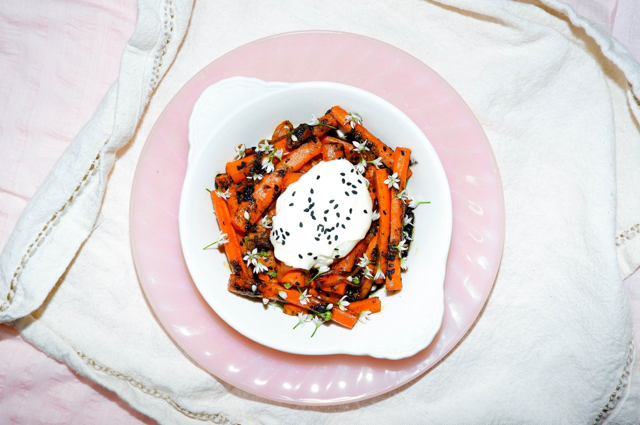 Madison Papp's recipe for "Roasted Carrots with Nigella, Toasted Black Sesame and Crème Fraîche".