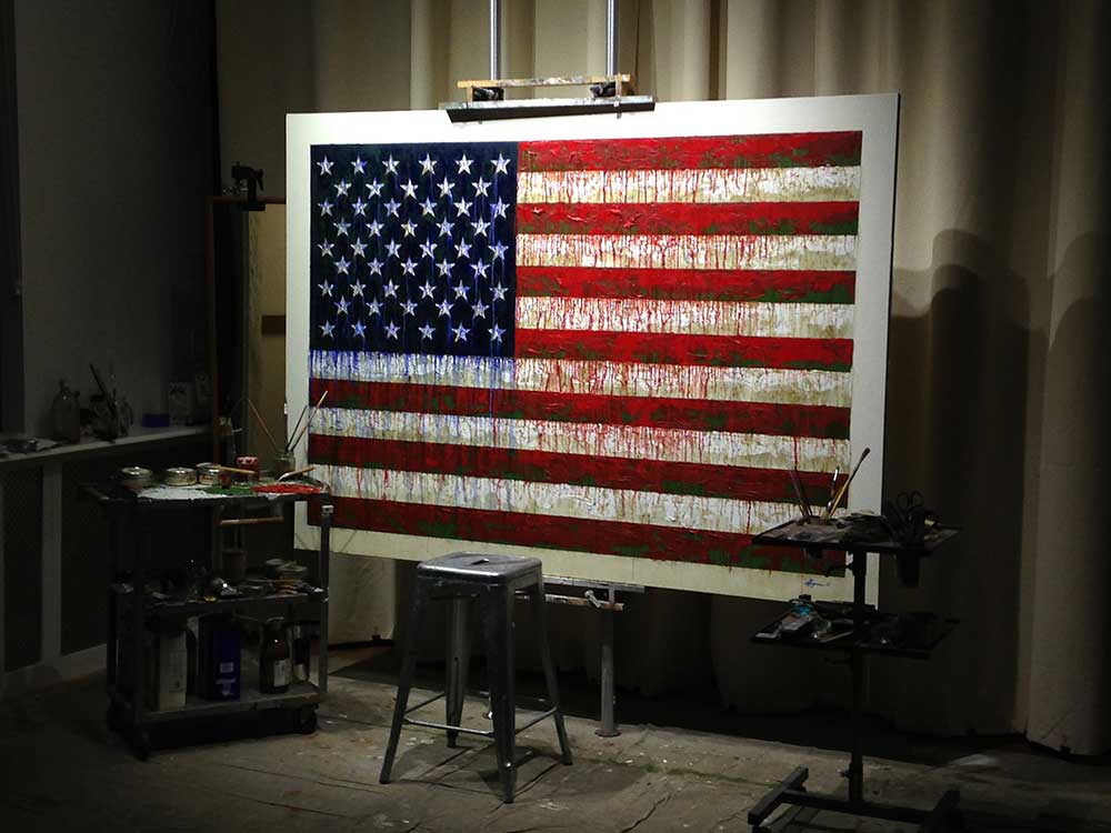 I had to mention Jasper Johns. No single artist owns the nude, say, or the bowl of flowers but Johns’ 1954 painting of the American flag is perhaps his most universally known image. For Grayson, this is a non-issue. “When I did my first flag it wasn’t about the art culture,” he said. “It was very personal. It was like doing a self-portrait. It was a portrait of the American flag as a larger character that you could relate to on a personal level. So I did variations of the American flag every time I wanted to do a portrait of America. Whatever was going on in the world, whatever moved me or I was affected by, I did a different version. It was a series of self-portraits.” He added, “That’s why I love Rembrandt.” American Flag. 2013, oil on canvas, 60 x 85 in. Collection of Channing Tatum and Reid Carolin.Then came another leap in Grayson’s art-making, again in a wholly different direction. During a trip to St Petersburg, Russia, he was taken to the house of Vladimir Nabokov. The late novelist had also been passionate about butterflies, and it was there that Grayson was told the saga of the European peppered moths which is at the core of his new body of work; Industrial Melanism. These moths, which can be black or white, were widespread across Europe before the Industrial Revolution. But soot from the burning of coal caused blackening everywhere and studies soon showed that black peppered moths were outnumbering the white, and 98% of the moths were black by the 1890s. Hence Industrial Melanism; Melanism being a word that means a darkening of the skin. “Everyone who followed Darwinian theory used this as an example,” Grayson said. “They thought that the white peppered moth species morphed gradually into the black species to survive.” 