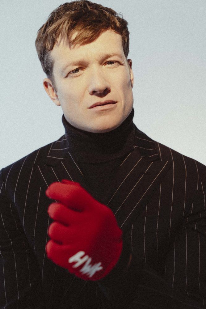 Ed Speleers from Netflix You on the cover of Reserved Magazine shot by David-Simon Dayan at Case Gallery Styled by Britton Litow Groomed by Nicole Blanco Produced by BJ Panda Bear rhude loro piana look - 5