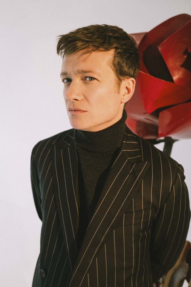 Ed Speleers from Netflix You on the cover of Reserved Magazine shot by David-Simon Dayan at Case Gallery Styled by Britton Litow Groomed by Nicole Blanco Produced by BJ Panda Bear rhude loro piana look - 4