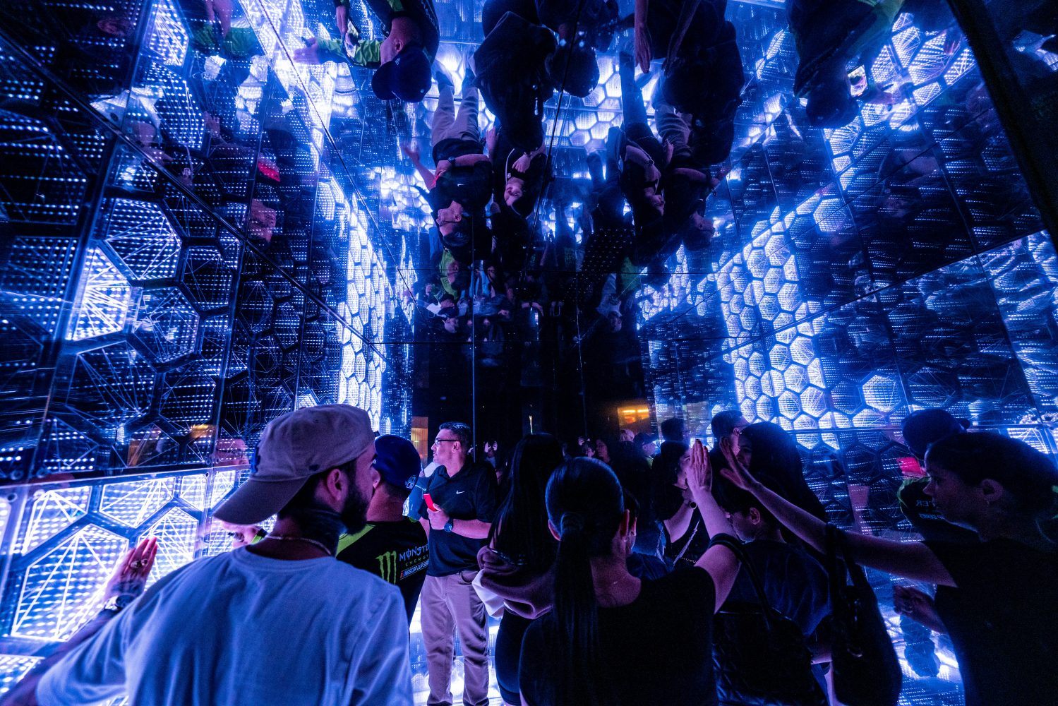 a group of people staring up to a forest made of blue pixilated