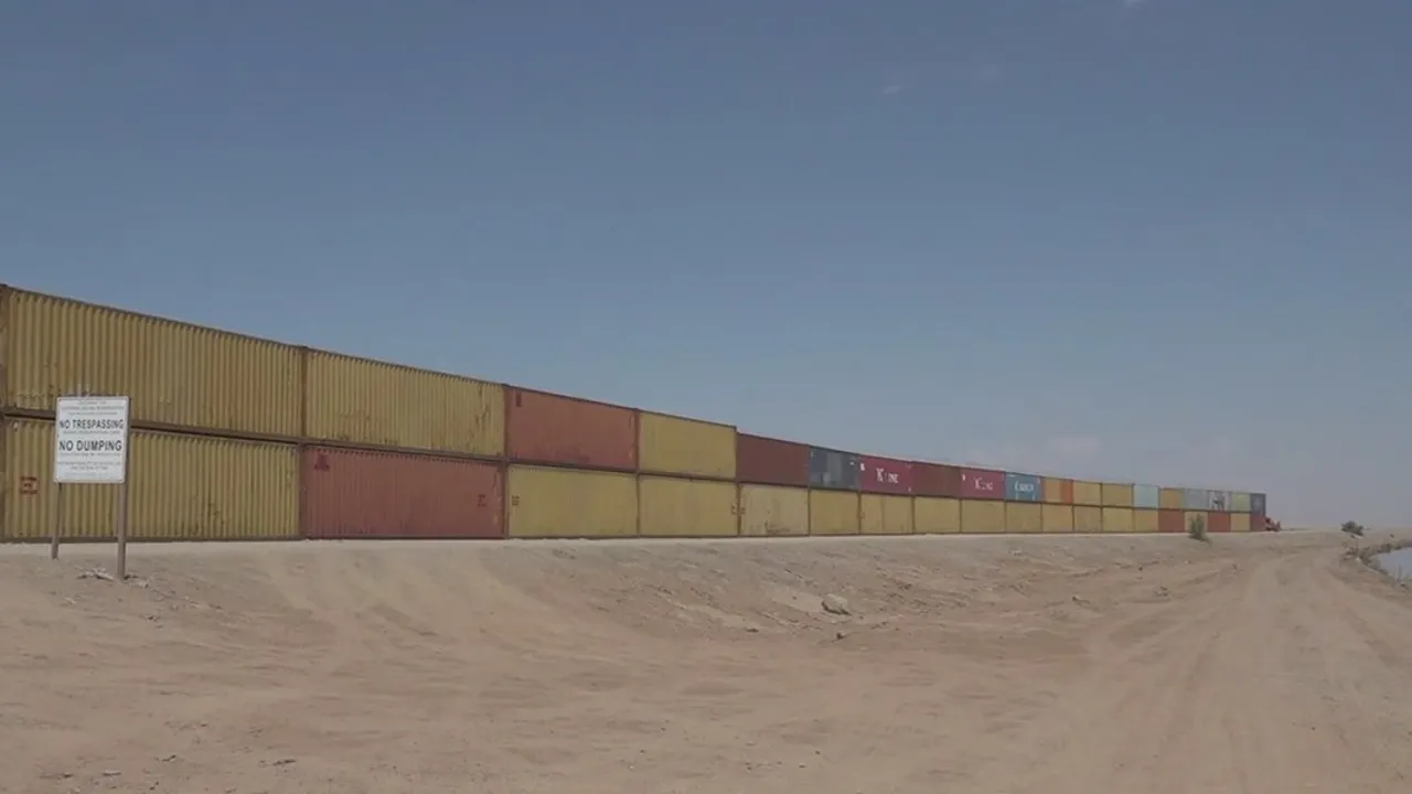 Desert X Closing 2023 close up of shipping containers posed in the desert