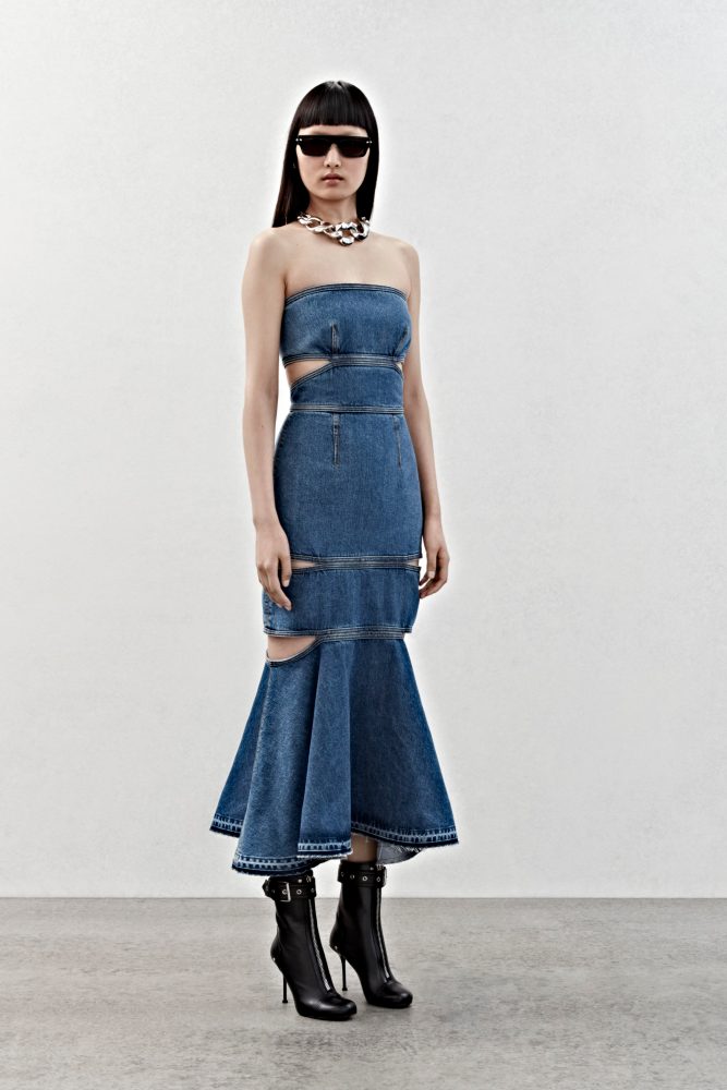 A slashed bustier dress in blue denim.