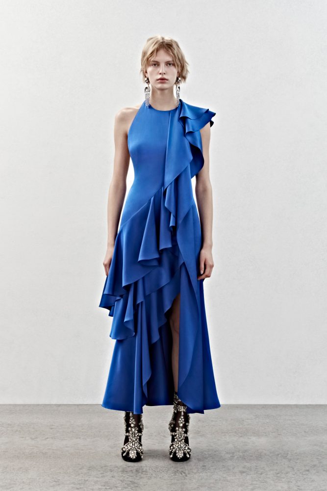 A sleeveless ruffle dress in ultramarine satin.