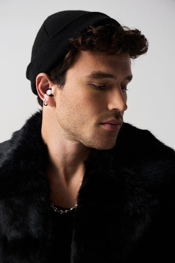 black button up male CAS&Kera earKron diamond and platinum ear-cuffs Photographed by Matt Lee Morgan.