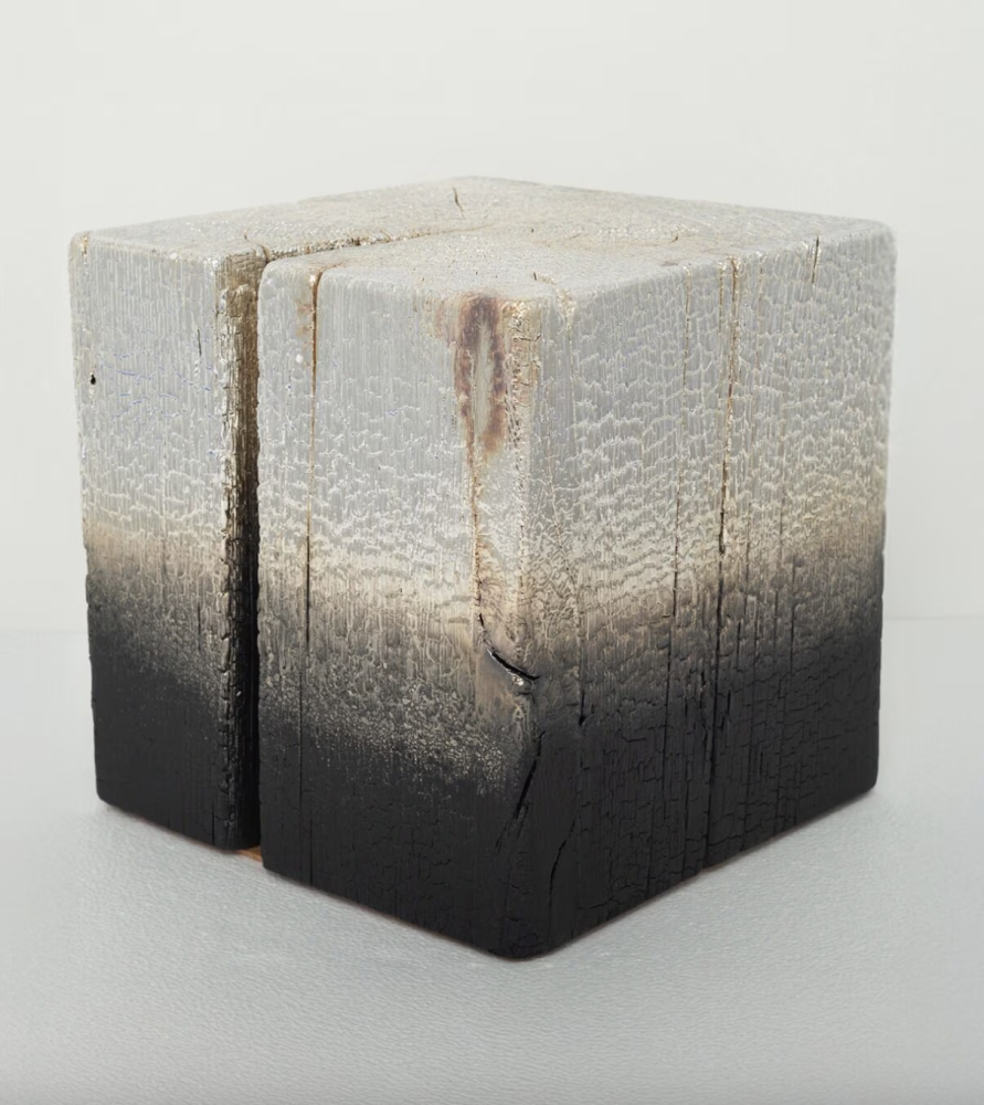 close up Miya Ando, January 9 2021 Matsu Pine Shou Sugi Ban Silver. 2021. Reclaimed Charred Pine, Silver Nitrate 11 x 11 x 11 in (27.94 x 27.94 x 27.94 cm).