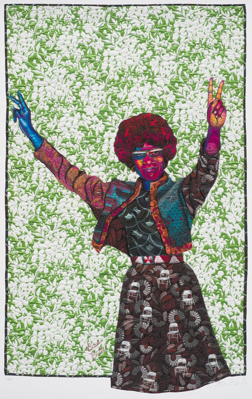 Bisa Butler, Bring A Folding Chair: A Portrait of Shirley Chisolm, 2025 22 x 36 inches Archival pigment print Limited edition of 20 with 6AP + 1PP Signed and Numbered by the artist $6,000