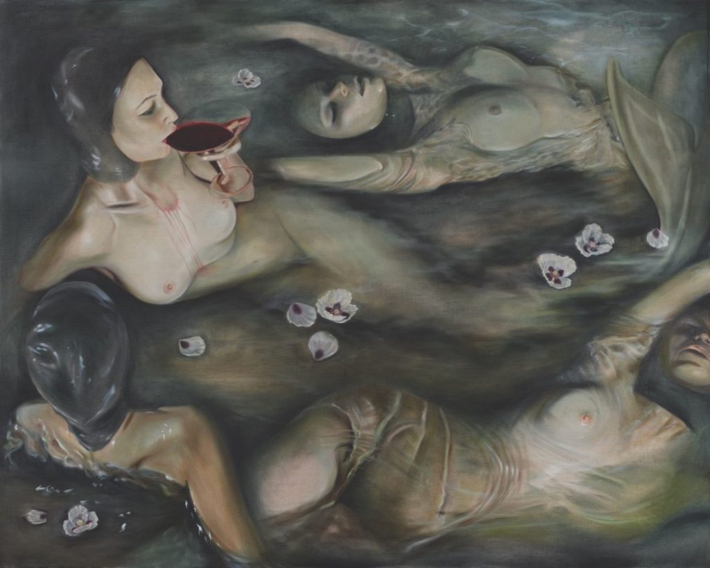 Nicolette Mishkan | Slow Motion Siren Sex Nicolette Mishkan, LETHE'S HAREM, 2025, oil on linen, 36 x 36 inches. Photo by Paul Salveson; Courtesy of the artist and Megan Mulrooney Gallery.