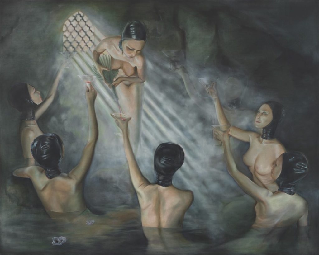 Nicolette Mishkan | Slow Motion Siren Sex Nicolette Mishkan, LETHE’S TAVERN, 2024/25, oil on linen, 48 x 60 inches. Photo by Paul Salveson; Courtesy of the artist and Megan Mulrooney Gallery.