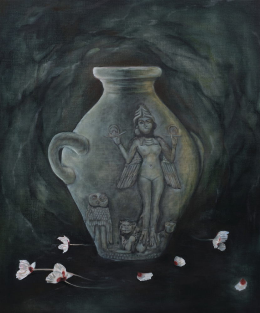 Nicolette Mishkan, DESCENT VESSEL, 2025, Oil on linen, 30 x 36 inches. Photo by Paul Salveson; Courtesy of the artist and Megan Mulrooney Gallery.