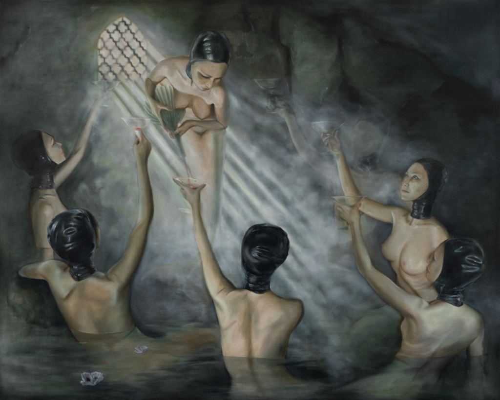 Nicolette Mishkan, LETHE’S TAVERN, 2024/25, oil on linen, 48 x 60 inches. Photo by Paul Salveson; Courtesy of the artist and Megan Mulrooney Gallery