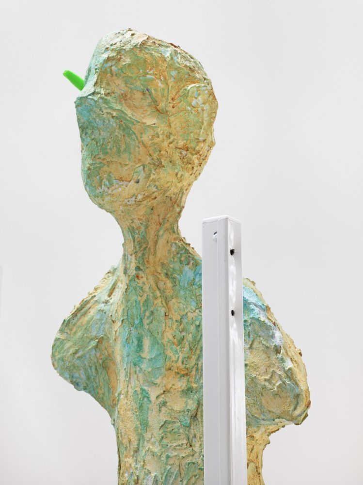 Regen Projects | planchette Rachel Harrison The Prepper 2024 Wood, polystyrene, cardboard, cement, burlap, acrylic, metal rack, and hollow Sharpie with handcuff key, red glow stick, stainless steel shim saw, Kevlar cord friction saw, diamond wire hand saw, and micro polymer cable tie 74 3/4 x 13 x 15 3/4 inches (189.9 x 33 x 40 cm) Photo: Genevieve Hanson