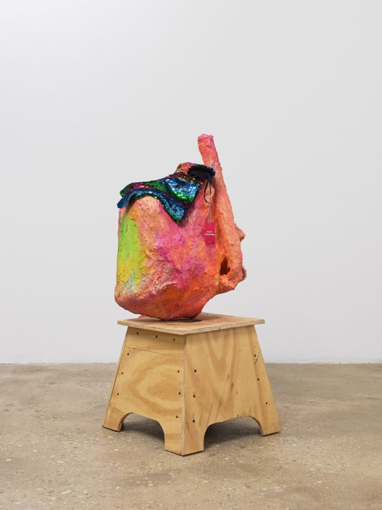 Regen Projects | planchette Rachel Harrison Party Collection 2025 Polystyrene, cardboard, cement, acrylic, Forever 21 Party Collection bottoms, and stool 37 1/2 x 22 x 16 1/2 inches (95.3 x 55.9 x 41.9 cm) Photo: Genevieve Hanson