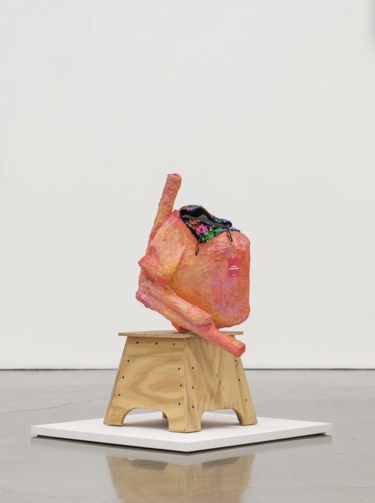 Regen Projects | planchette Rachel Harrison. Party Collection2025Polystyrene, cardboard, cement, acrylic, Forever 21 Party Collection bottoms, and stool37 1/2 x 22 x 16 1/2 inches (95.3 x 55.9 x 41.9 cm)Photo: Genevieve Hanson
