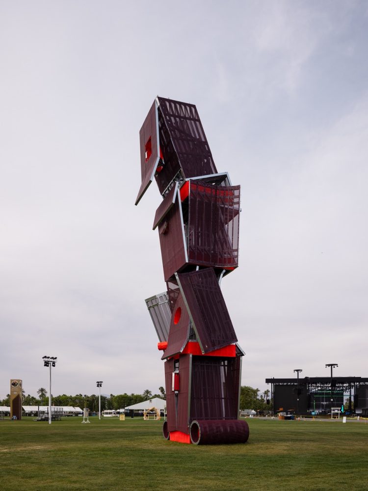 Home Visage Brut, a towering steel sculpture by The Los Angeles Design Group (LADG). Photographed by Lance Gerber. day time