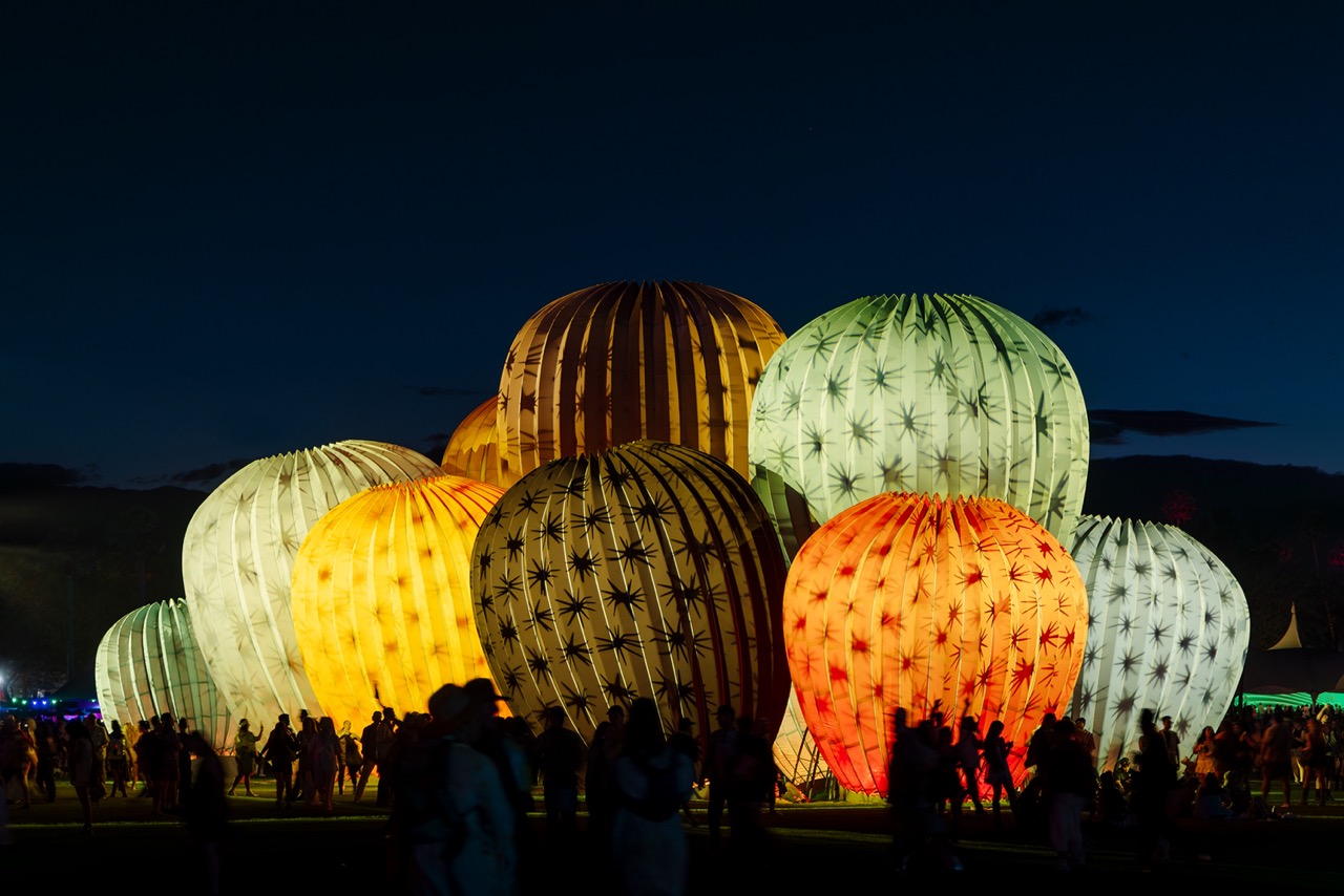 The Art of Coachella 2026 | Monuments of Comfort Starry Eyes by Kyriakos Chatziparaskevas. Photographed by Lance Gerber night time