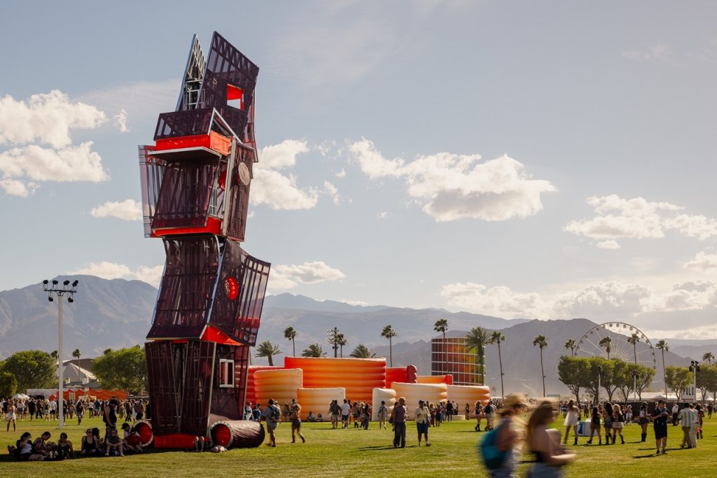 The Art of Coachella 2026 | Monuments of Comfort Visage Brut, a towering steel sculpture by The Los Angeles Design Group (LADG). Photographed by Lance Gerber with Maze