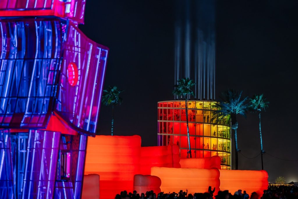 The Art of Coachella 2026 | Monuments of Comfort Maze by Sabine Marcelis. Photographed by Lance Gerber. night