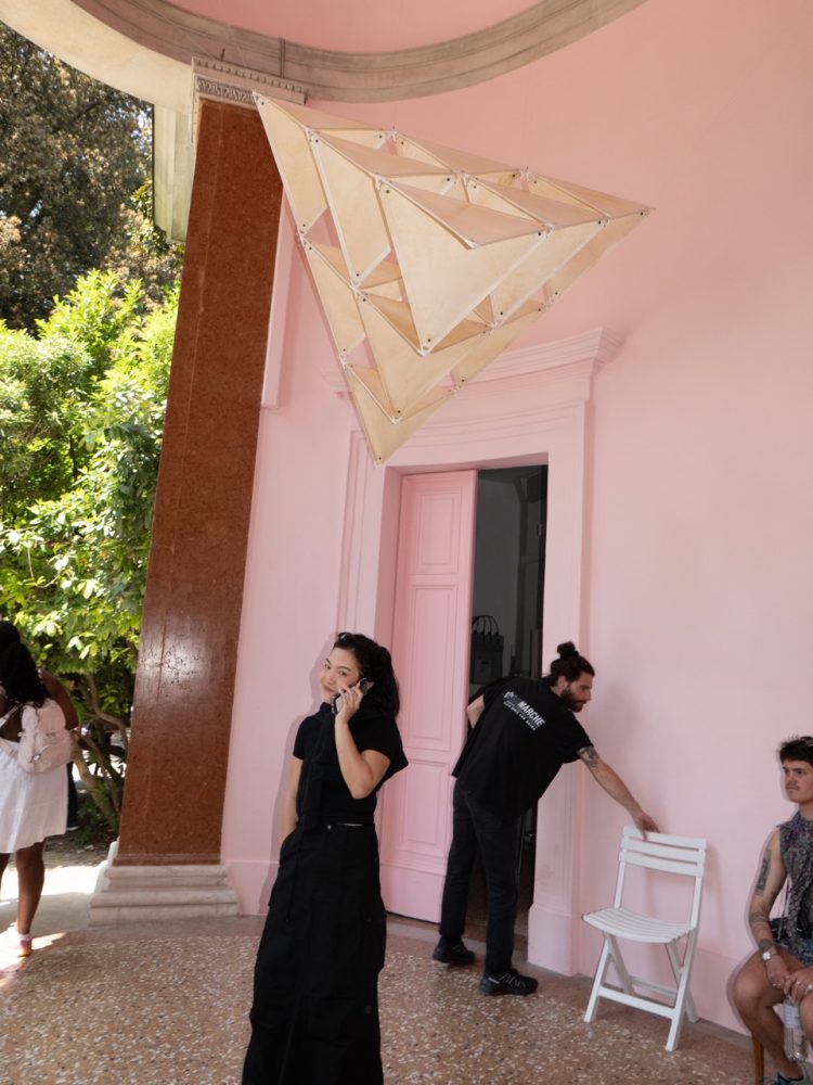 VENICE ART BIENNALE DIARY with Artist Jenny Sharaf French girls being cute at the French Pavilion. Exhibition featured Artist Yto Barrada with Comme Saturne.
